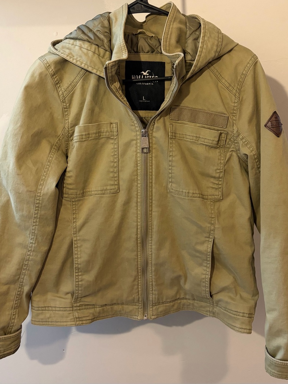 Hollister Olive Utility Military Field Hooded Jacket with Brown Leather Patch